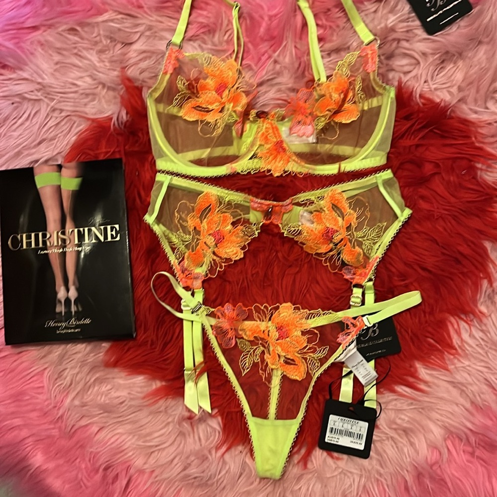 Honey birdette Christine 4pc neon 34D medium garter large thong medium stockings - Picture 5 of 11